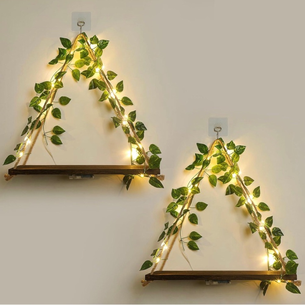 Triangle Floating Shelves with Green Leaves and LED Lights. (No Drilling)